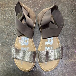 Sorel Gray and Metallic Silver Sandals with Ankle Wrap and Glittery Straps
